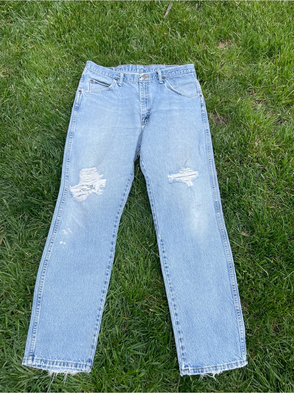 90's Wrangler Distressed Light Wash Denim Jeans 38x32 Vintage Western Workwear